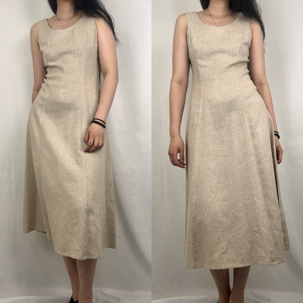 Vintage 90s Oatmeal Beige Linen A-Line Dress